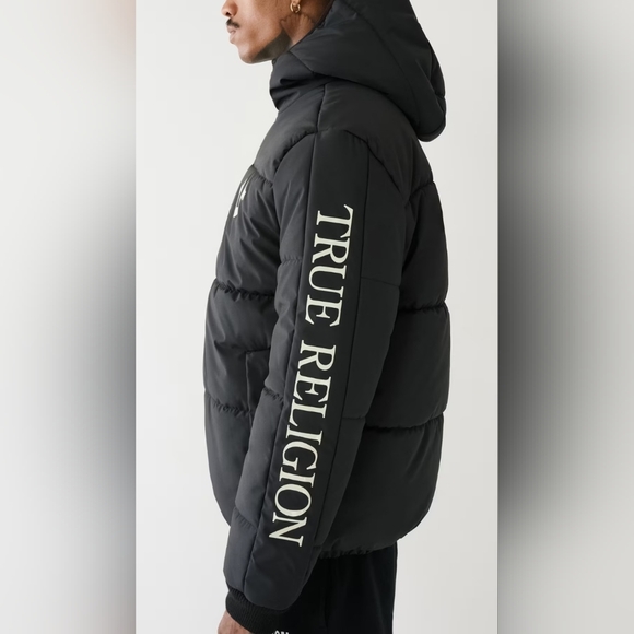 True Religion Black Puffer Jacket with White Accents Size Lg - Picture 2 of 14